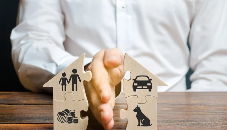 mężczyzna dzieli dom dłonią, na którym znajdują się obrazy majątku, dzieci i zwierząt domowych